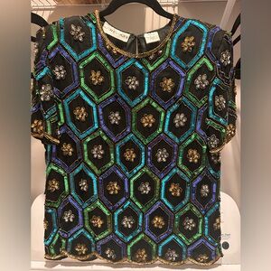 Vintage women’s silk blouse - sequin geometric short sleeve